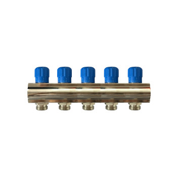 RELION 5 WAY 1\" BRASS NICKEL PLATED PLUMBING MANIFOLD WITH BLUE HANDLE